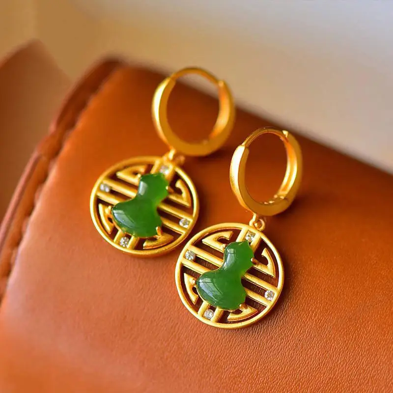 

New Chinese Style National Trendy Style S925 Sterling Silver Inlaid Natural Hetian Jade Gourd Earrings Life's Blessing Complete