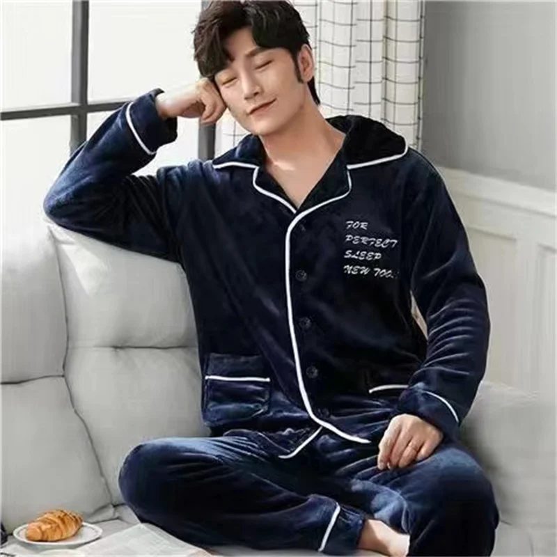 Coral Fleece Pajama Sets Men Thick Warm Flannel Winter Pyjamas Sets Long Sleeve Nightwear Casual Loose Sleepwear