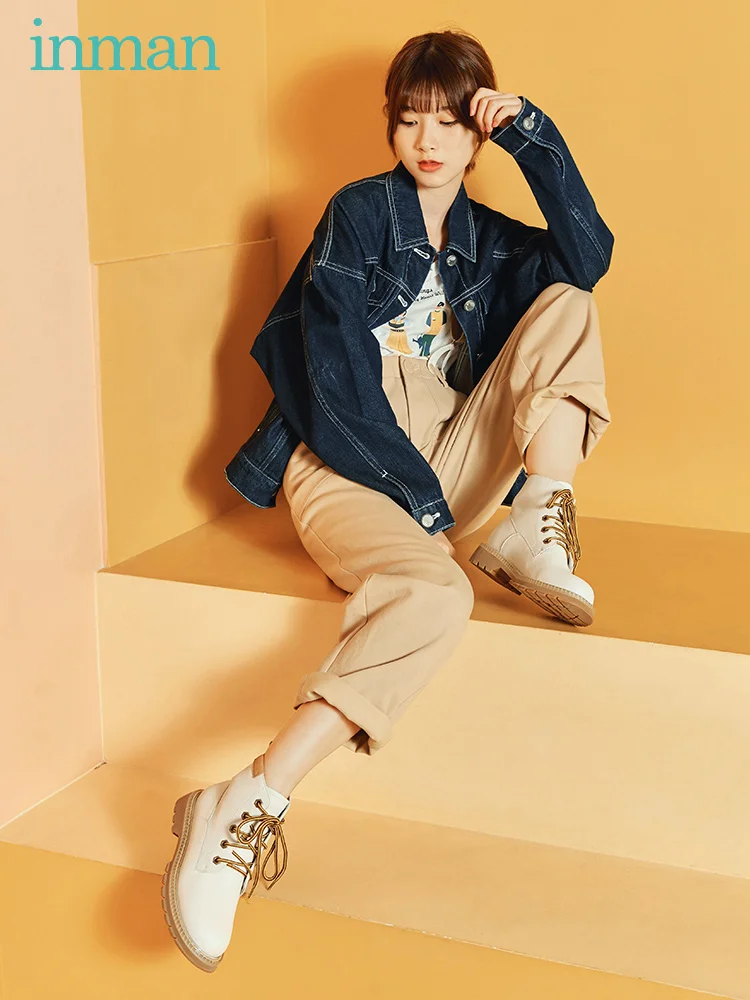 

INMAN Autumn Winter Ankle Length Martin Boots Fashion Cool Lady PU Leather Contrast Color Lace Up Plush Inside Women Flat Shoes