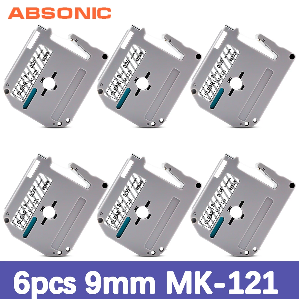 

Absonic 6 шт. 9 мм этикетка Совместимость клейкая лента фирмы Brother M-K121 MK121 черный на прозрачном для Brother P-Touch PT-90 PTM95 PT-70SR PT-80 принтер