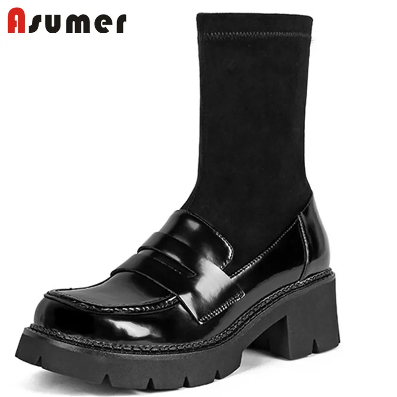 

Asumer 2021 Hot Sale Ankle Boots Women Genuine Leather Shoes Autumn Winter Platform Boots Simple Comfortable Casual Shoes Ladies