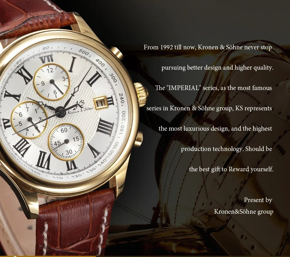 IMPERIAL KS Retro Skeleton 6 Hands Golden Case Luxury Brand Day Month Display Brown Leather Strap Men's Mechanical Watch / KS146
