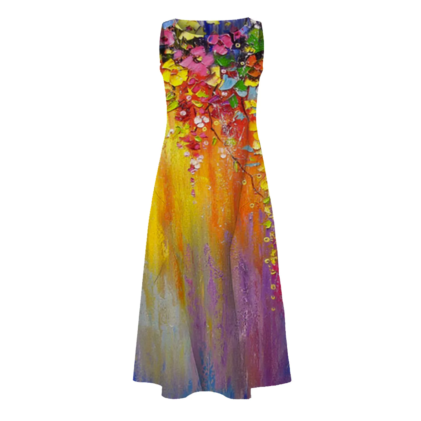 

Fashion long dresses for women summer Loose Sleeveless Pocket Maxi Dress Woman O-neck Print Retro Dresses robe plage