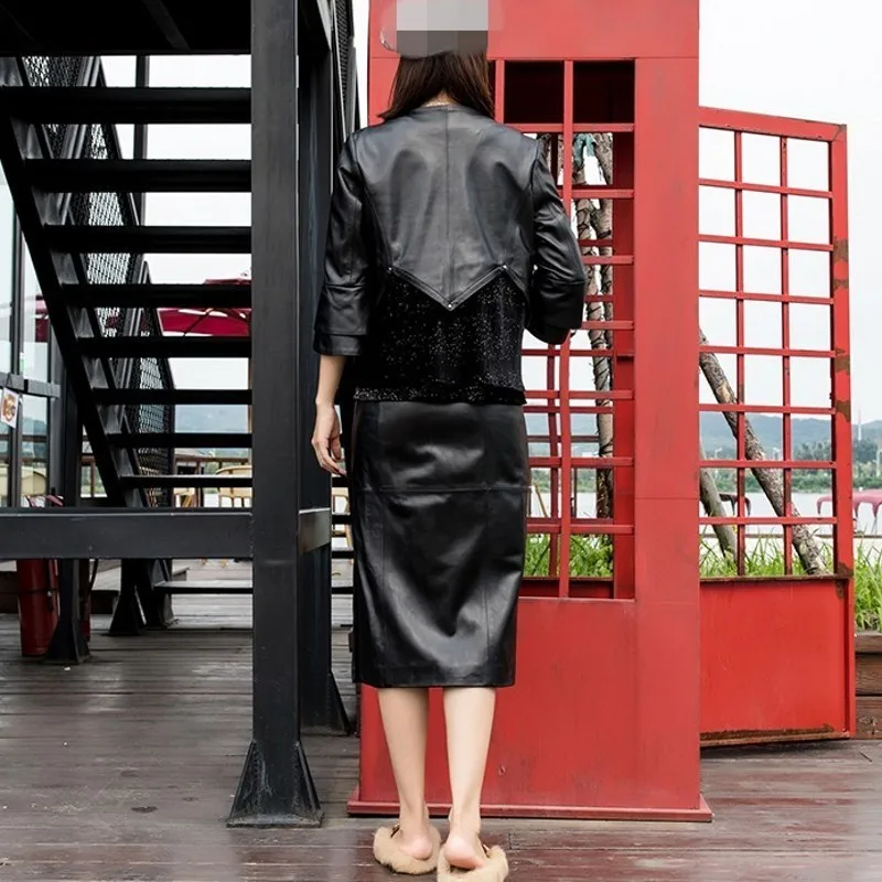 Шикарное лоскутное женские Куртки из натуральной кожи с круглым вырезом и