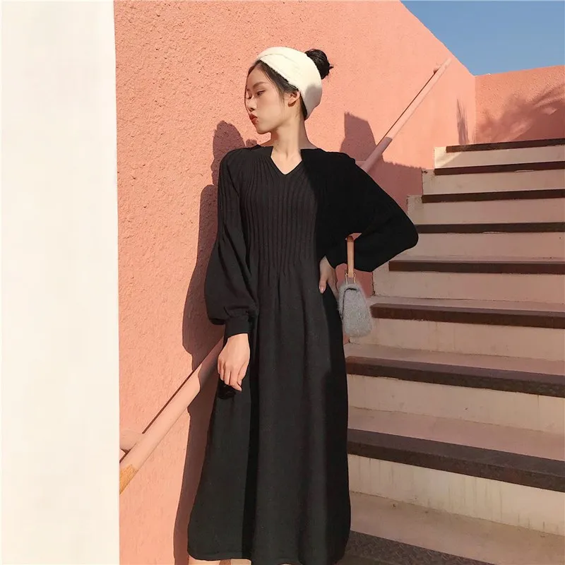 Осеннее шикарный вязаный Ретро платье с v образным вырезом и длинными рукавами