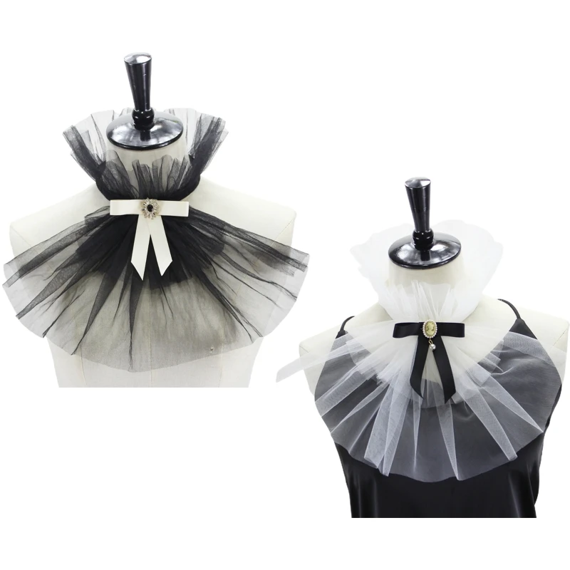 

Victorian Ruffled Mesh Jabot Diamond Bowknot Detachable Collar Cosplay Necktie