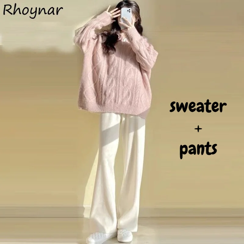 

Women Sets Autumn O-neck Knitted Long Sleeve Sweaters High Waist Solid Trousers 2 Pieces All Match Vintage Lovely Girls Daily