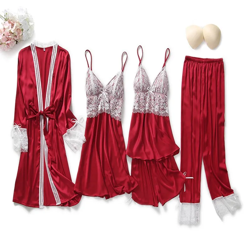 5 PCS Satin Robe Gown Sleep Suit Spring Womens Lace Flower Nighty&Bathrobe With Chest Pads Sleepwear Lounge Home Wear Nightgown