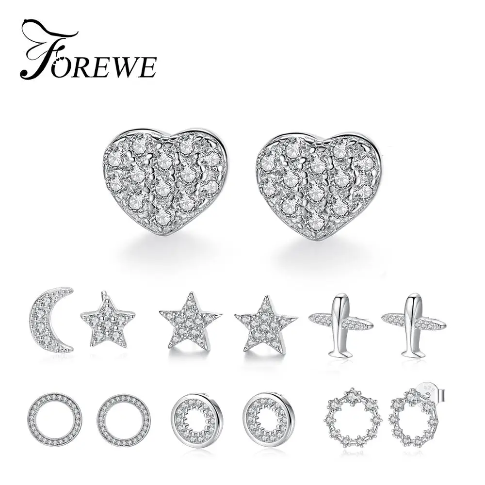 FOREWE 925 пробы серебряные серьги ювелирные изделия крошечные CZ проложить кристалл сердце серьги гвоздики подарок для женщин девочек детей леди