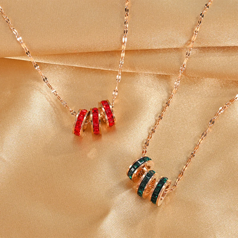 Korean Style Fashion Three Green Geometry Circular Zircon Crystal Pendant Women Necklaces Luxury Rose Gold Choker Chain Jewelry | Украшения