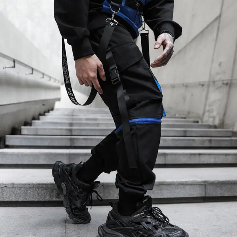 

Men techwear detachable cargo pants blue zipper ribbons hip hop joggers mens harajuku casual sport trousers pantalon homme