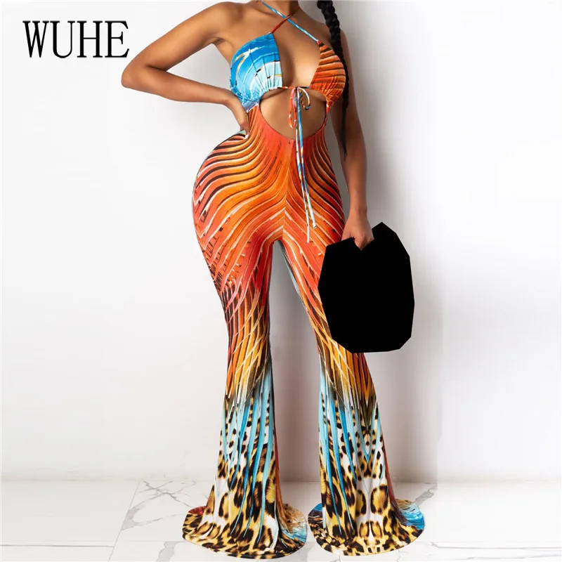 

KEXU Bandage Lace Jumpsuits Colorful Print Halter Off Shoulder Sleeveless Hollow Out Open Back Slim Nightclub Streetwear Party