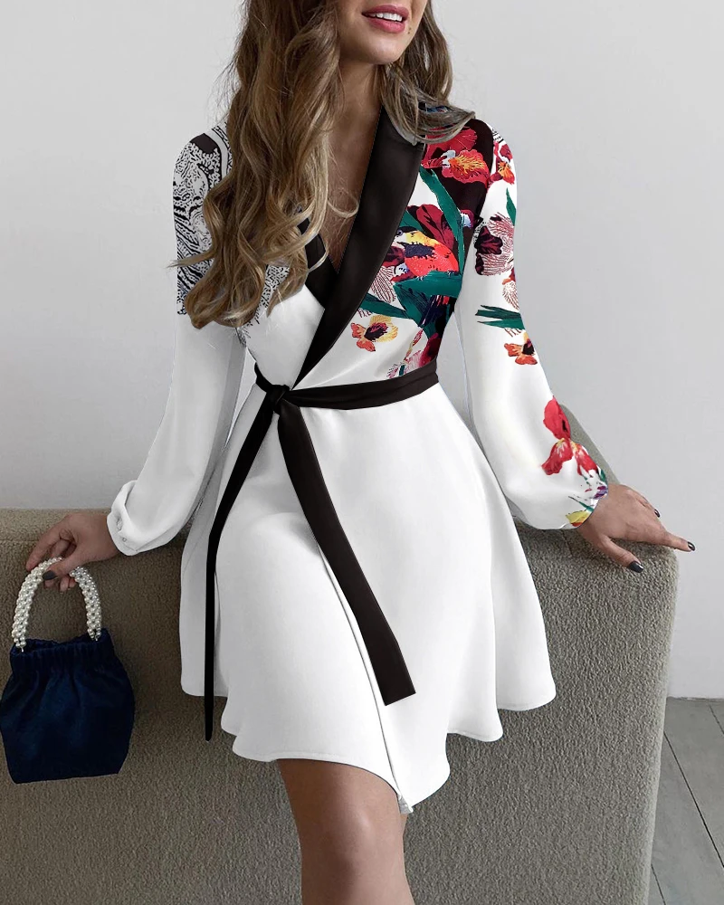 

Spring Women Floral Print Mini Tied Work Dress 2022 Femme Traf Elegant Colorblock Long Sleeve Overalls Office Lady Outfits