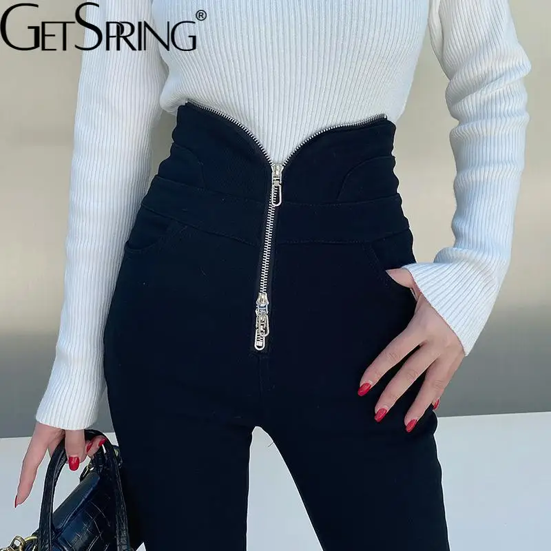 

GetSpring Women Jeans Zipper High Waist Elastic Slim Thin Long Denim Trousers All Match Black Denim Pencil Pants Autumn 2021 New