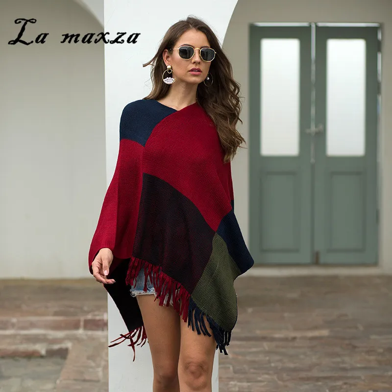 

Зима 2020 новые модные Лоскутные Свитера с кисточками винтажные уличные женские накидки свитер