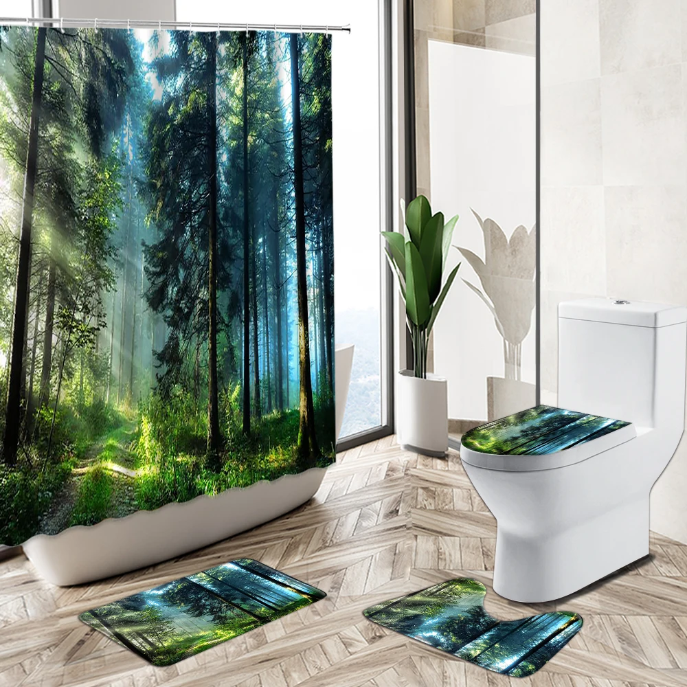 Forest Flower Dream Shower Curtain Bath Mat Pedestal Rug Lid Toilet Cover Rug