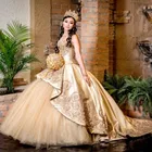 Vestido de 15 anos золотые платья Quinceanera кружевное платье с аппликацией из бисера 16 милое Пышное Платье с коротким шлейфом