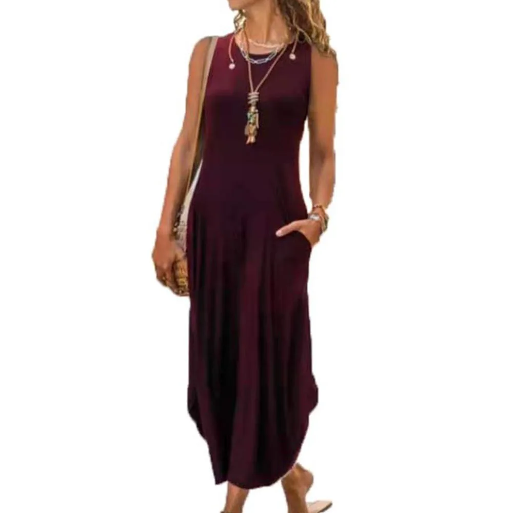 

New Summer Dresses Maxi Dress Solid Sleeveless Full Skirt with O-Neck Holiday Style Female Vest Dress Dress Women