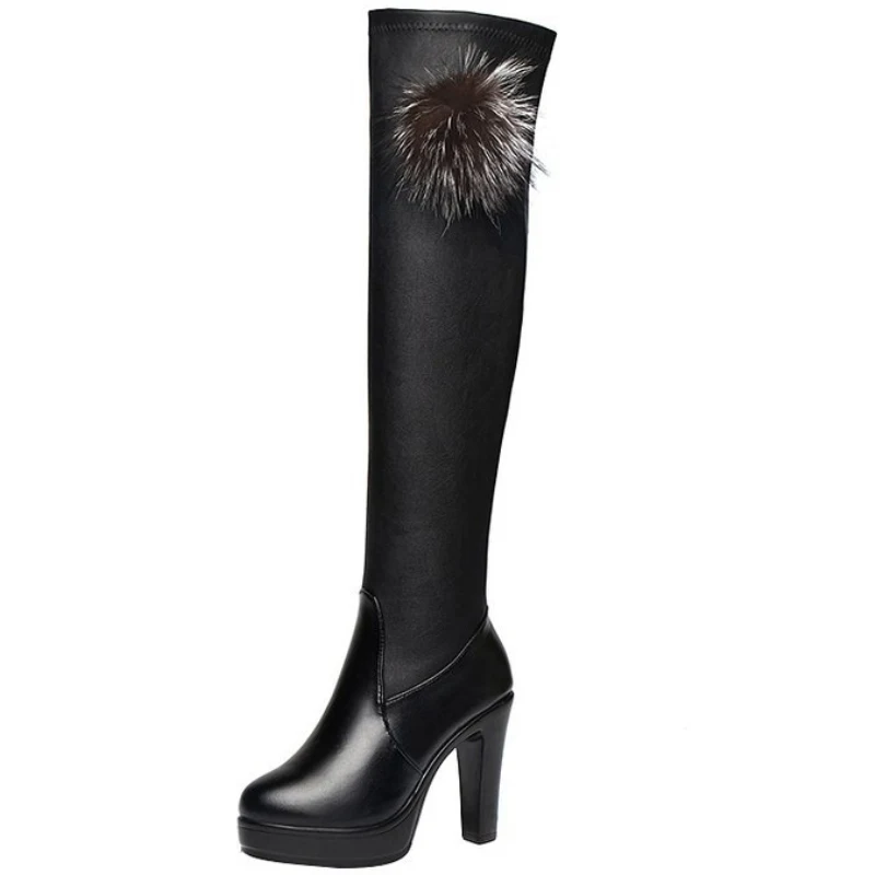 XZ098 11cm High Heel Women Over-the-Knee Boots Black Strench Leather Ladies Flatform Dress Shoes Sexy Slim Fur Winter Boot | Обувь