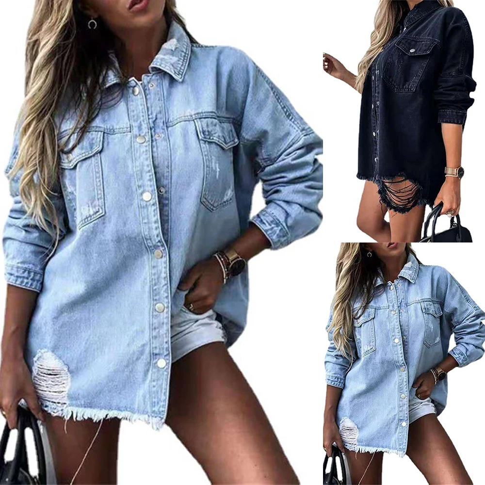 

Denim Jacket Ladies Pocket Short Coat Fashion Casual Broken Denim Coats Fall Winter Buttons Lapel Women Blue Long Sleeve Shirts