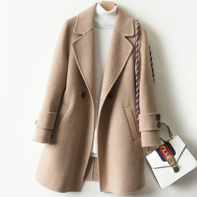 

2020 Spring Autumn New Double-sided Wool Coat Women Fashion Long Sleeve Solid Woolen Coat Women Slim Mid-Length Wool Jacket H379
