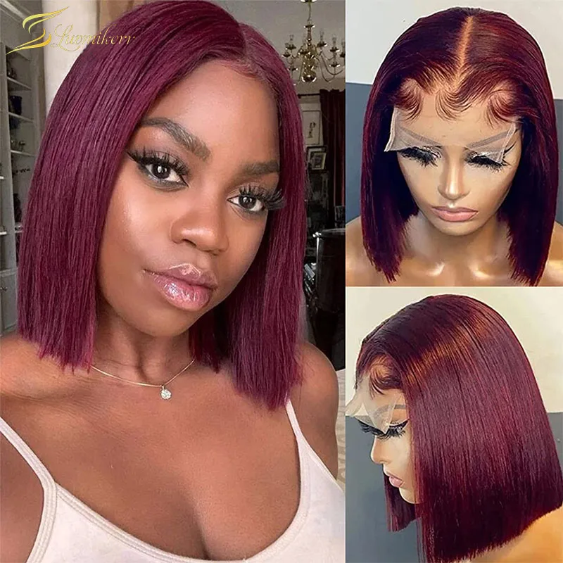 

99j Red Lace Frontal Wig Human Hair Short Bob Cut Straight Lace Front Wig Colored Burgundy Brazilian Natural Hairline Preplucked