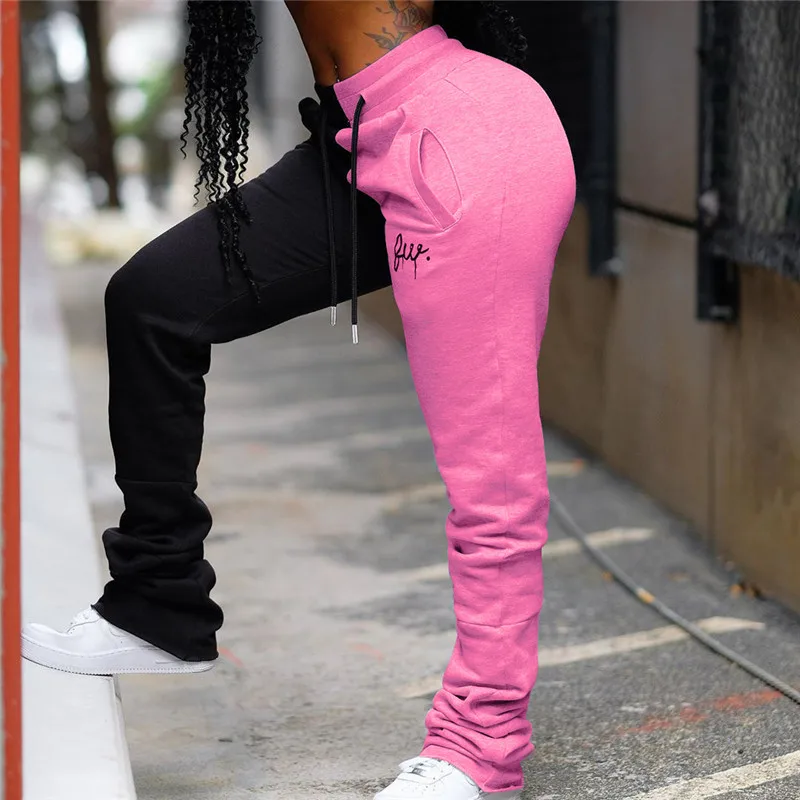 

YinYang Two Colors Contrast Patchwork Embroidery Sweatpants Women Streetwear Stacked Joggers Drawstring Casual Pants