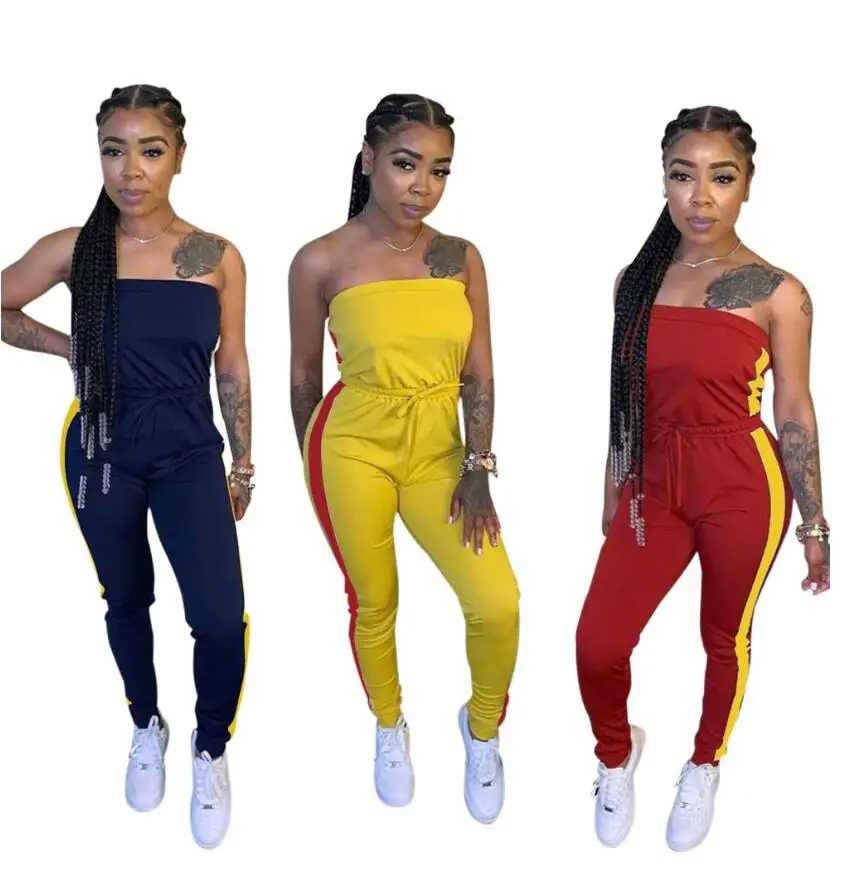 

Fashion Women Striped Slash Neck 2021 Summe Casual Jumpsuits Rompers Outfit Sleeveless Jogger Pants Set Tracksuit