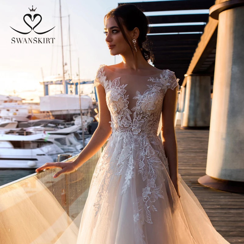 Модное свадебное платье с аппликацией милое А-силуэт Boho Vestido De Noiva цветы со шлейфом Свадебное платье Swanskirt k307