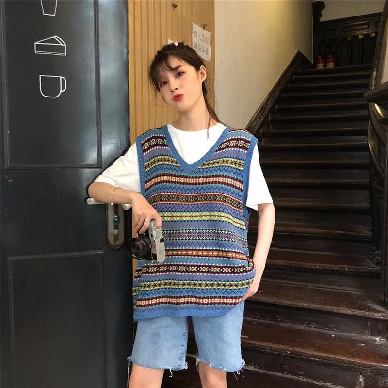 

Striped Vintage Knitted Vest Women's Pullover V-neck Loose Casual Sleeveless Sweater Shirt Spring Summer Embroider Female