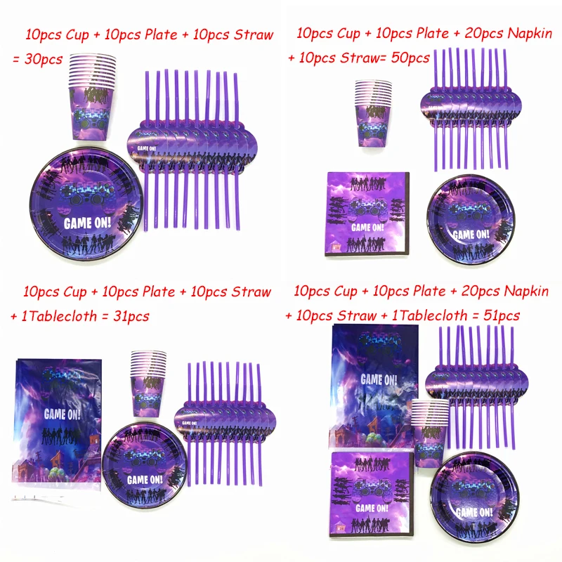 

51pcs Purple Game On Cartoon Paper Cup Plate Eat Chicken Game Straw Napkin Fort Night Birthday Party Decorations Supplies Sets