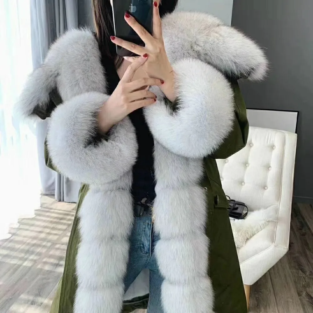 Пальто из натурального меха зимняя куртка женская длинная парка натуральный Лисий меховой капюшон, воротник Рекс подкладка из кроличьего меха Съемная уличная