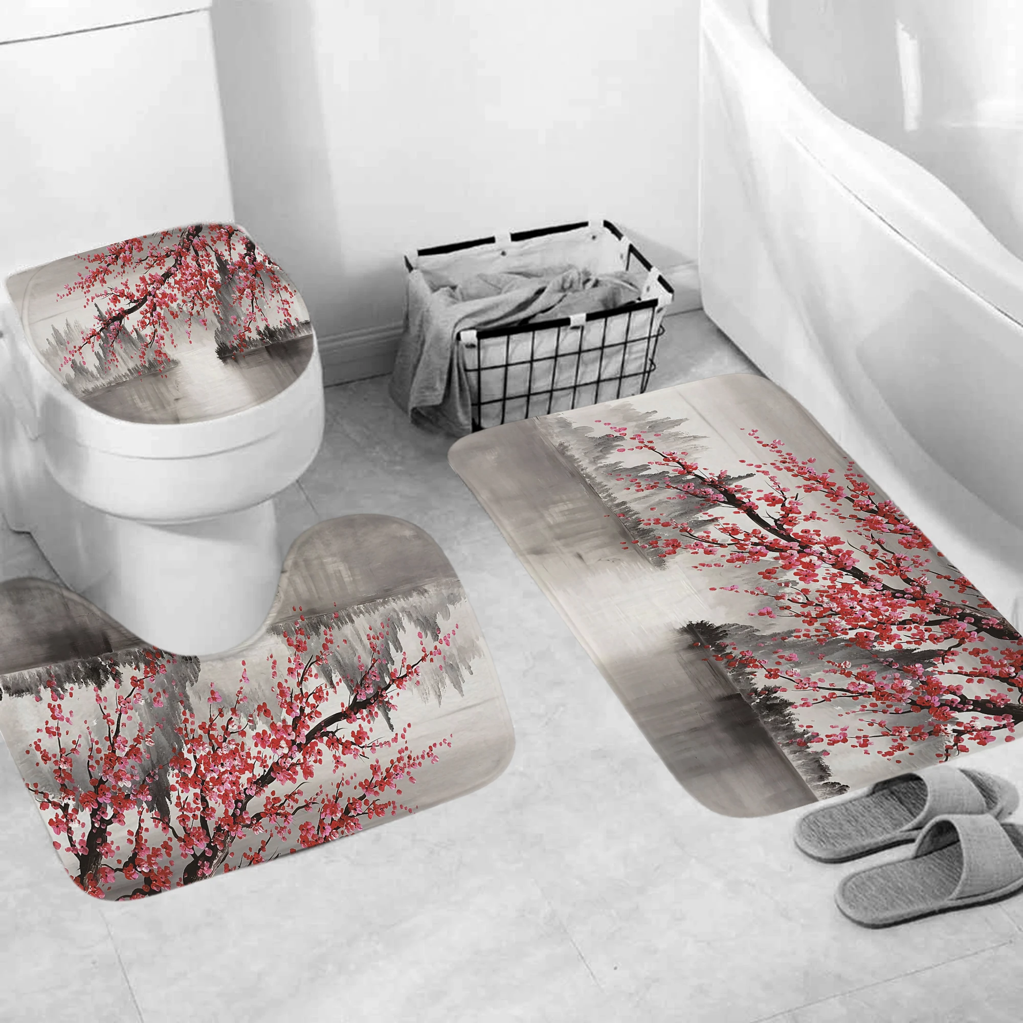 Набор занавесок для ванной комнаты с принтом цветущей сливы Нескользящие