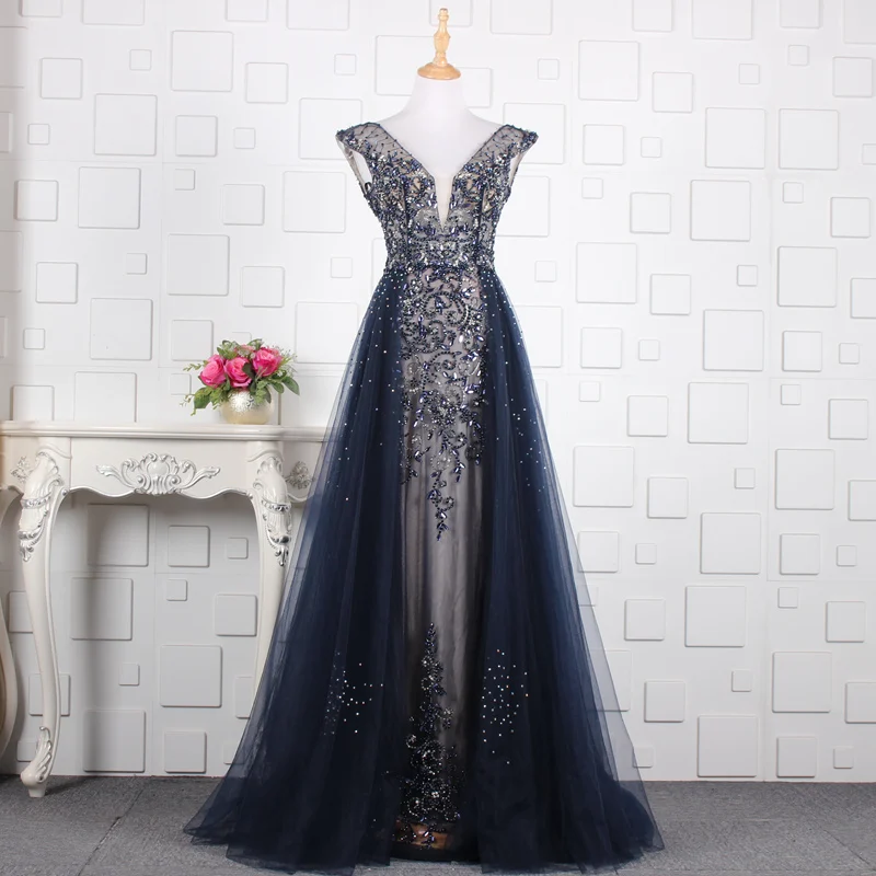 navy blue sleeveless Вечерние платья с длинными рукавами, темно-синие прозрачные платья с открытой спиной, тюлевые вечерние платья для выпускного вечера в Дубае, кружевное платье с аппликацией, zd2011 - Color: navy blue sleeveless