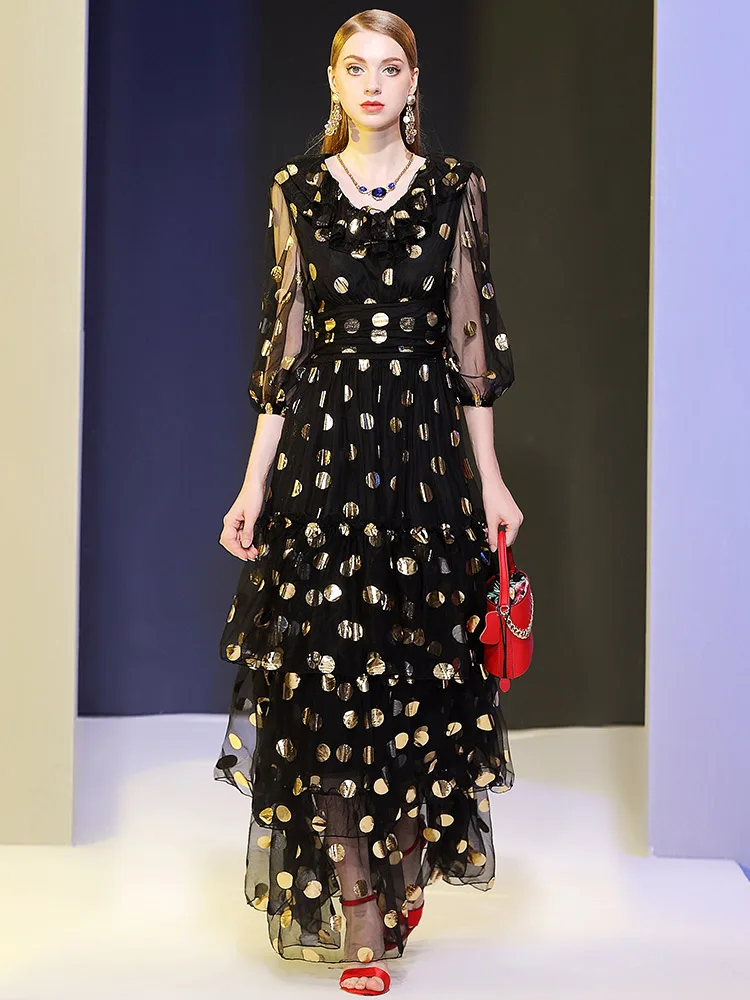 Женское платье-макси Tingfly винтажное Элегантное Длинное платье в Золотой горошек
