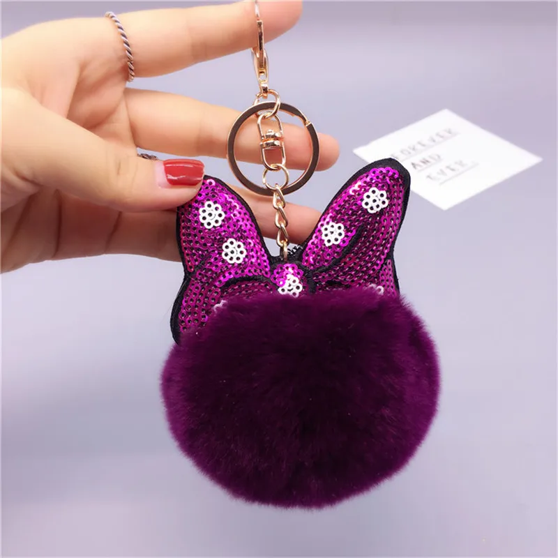 

Cute Rabbit Fur Fluffy Keychain Round Pom Pom Key Chain Bag Charms Bunny Key Chain Women Car Keyring Holder