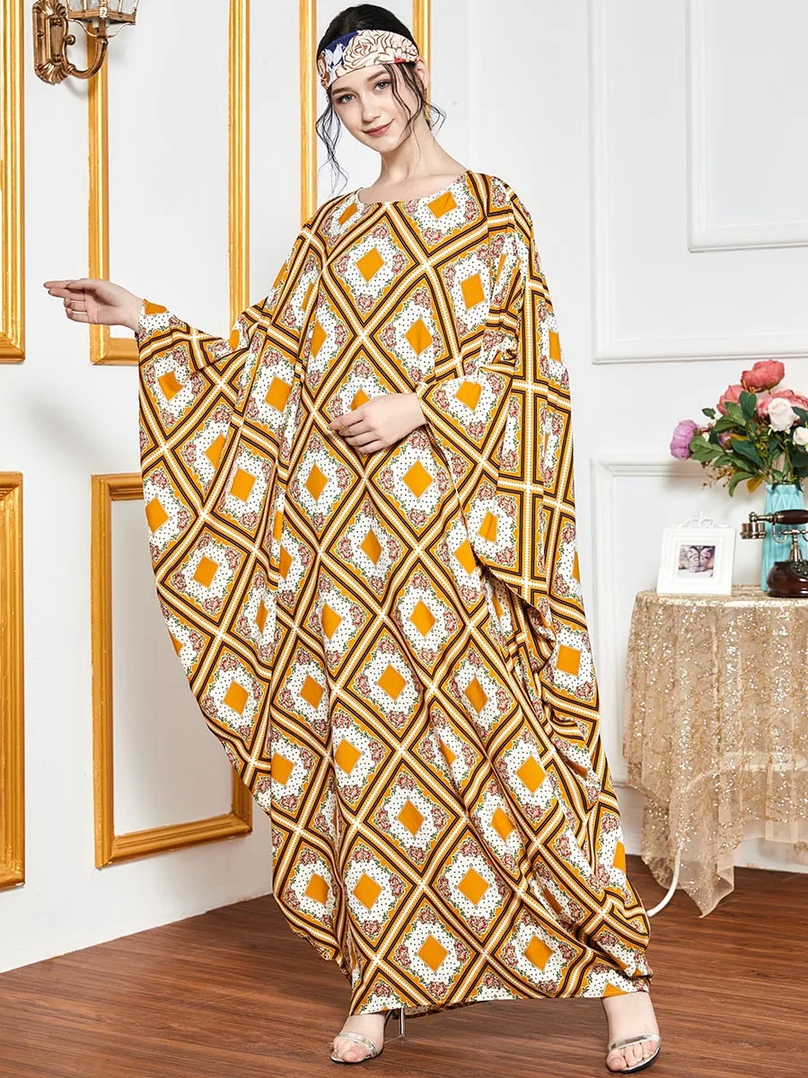 2021 Oversized Gown Dress for Women Batwing Sleeve Ethnic geometric Print Kaftan Arabic Dubai Dresses Long Muslim Clothing