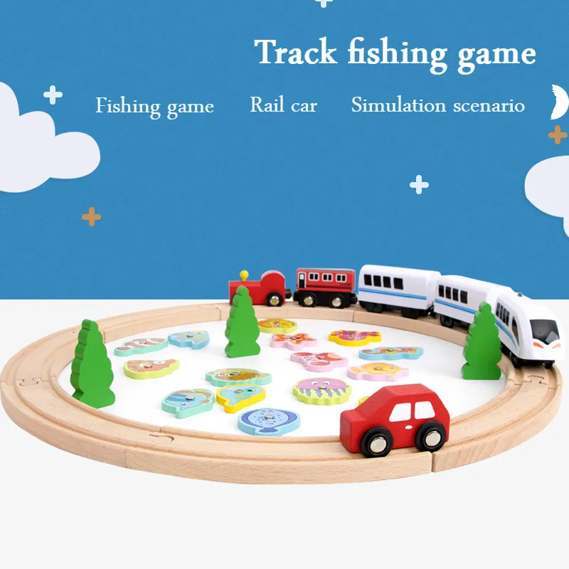 

Children's Wooden Electric Small Train Track Set Magnetic Puzzle Building Block Assembly Fishing Game Toy Set