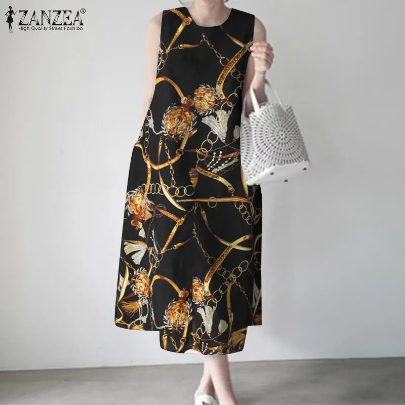 

Платье ZANZEA женское средней длины с принтом, элегантный повседневный свободный сарафан на молнии, без рукавов, с круглым вырезом, в винтажном...