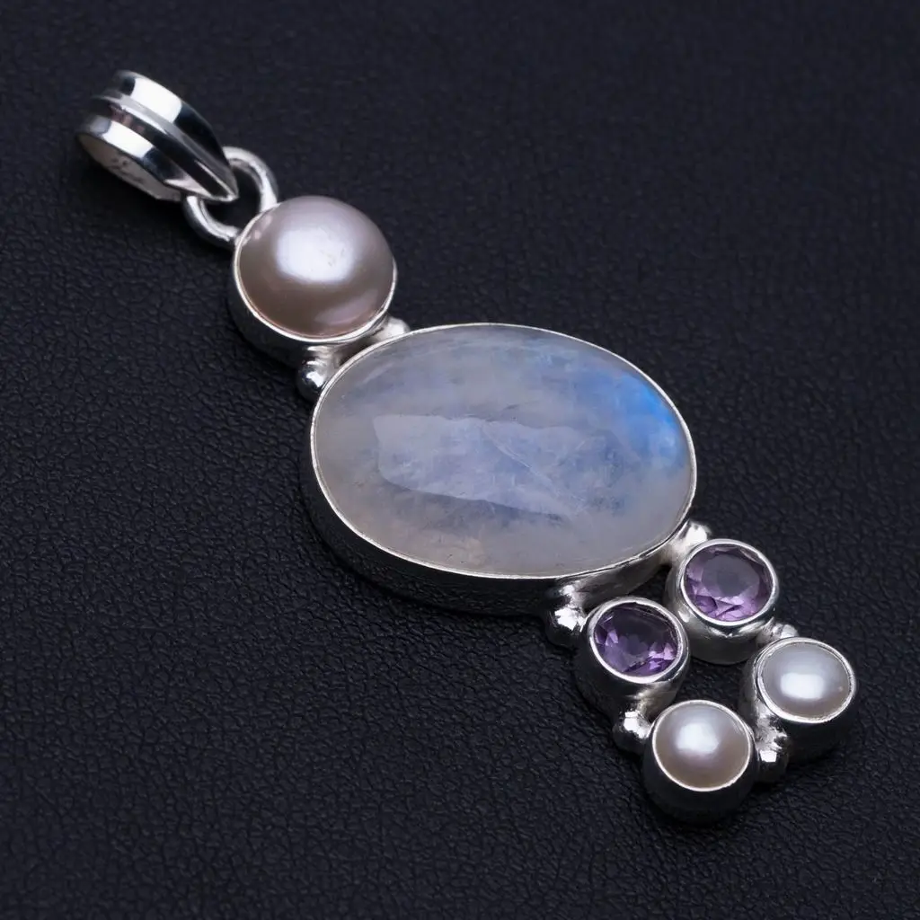 

Natural Rainbow Moonstone,Amethyst and River Pearl Punk Style 925 Sterling Silver Pendant 2 1/4" P0049