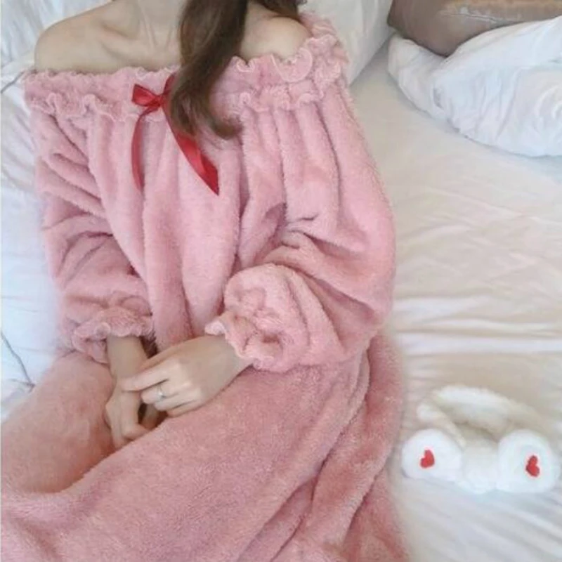 Ночные рубашки для женщин Чистый Розовый кавайный бант коралловый бархат весна