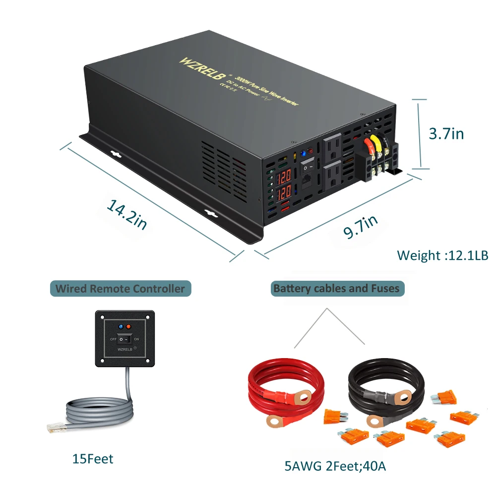 

Wired Controller Pure Sine Wave Inverter 3000W 24V to 220V Solar Inverter Power 12V/48V/96V/110V DC to AC 120V/230V/240V Convert