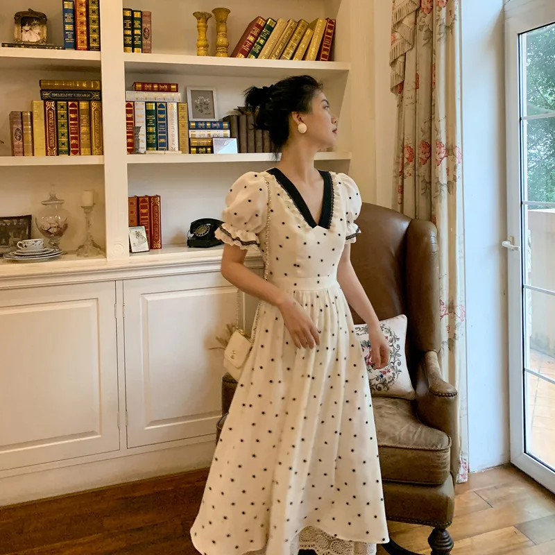 Женское платье в горошек с v-образным вырезом элегантное тонкое стиле ретро во