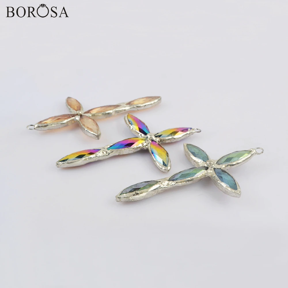 

BOROSA Silver Plated Glass Faceted for Necklace Making,Cross Shape Pendant for Necklace Glass Material WX1863