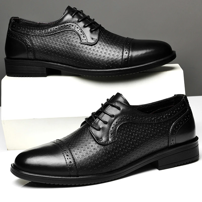 

2022 New Fashion Mens Business Casual Shoes Brown Leather Genuine Dress Shoe Man Classic Black Formal Work Office Shoes For Male
