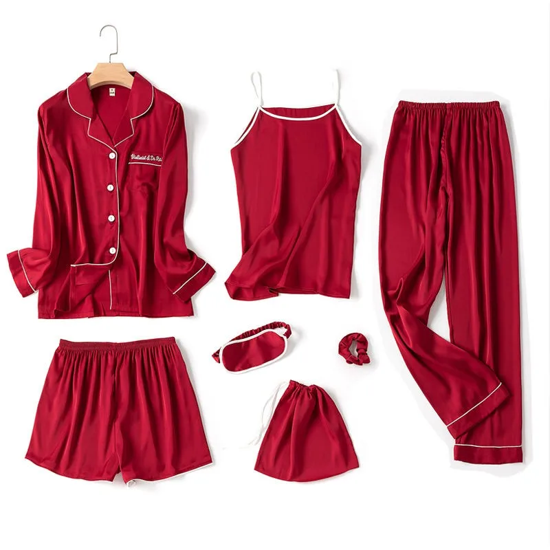 

7PCS Sleep Set Summer New Kimono Robe Gown Pajamas Women Satin Casual Lounge Intimate Lingerie Sexy Sleepwear Home Clothing