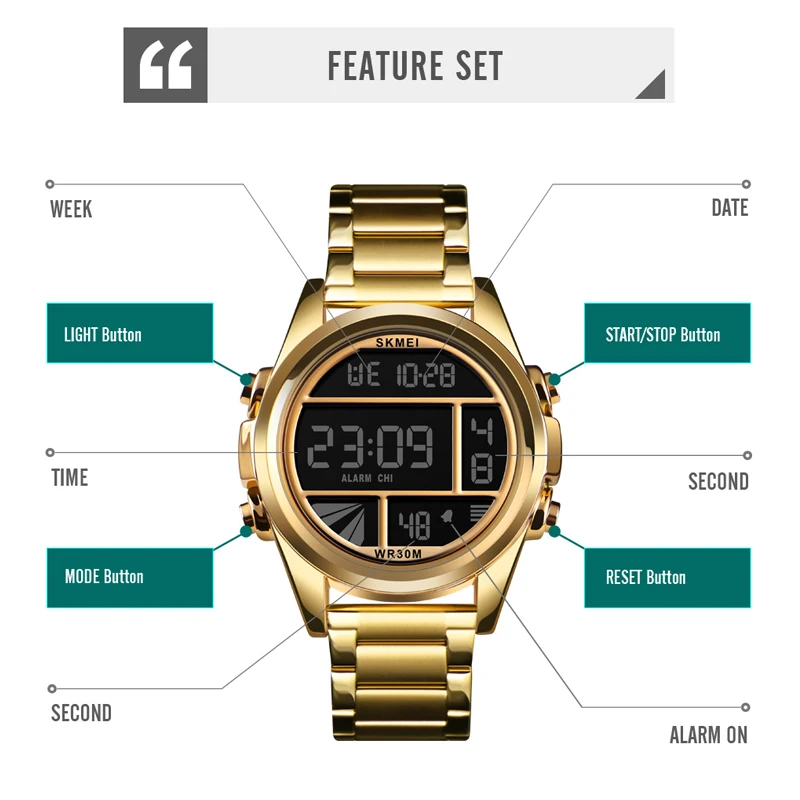 

Rose Luxury Stainless Men Digital Watch Fashion Cool Dial LED Electronic Watches Men Chrono Alarm Stopwatch Bracelet SKMEI Brand