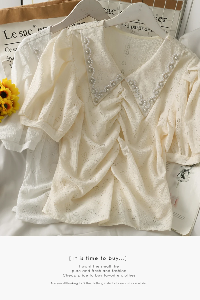 

Summer beaded lapel fold lace shirt women bubble sleeve pleated bosom blouses top