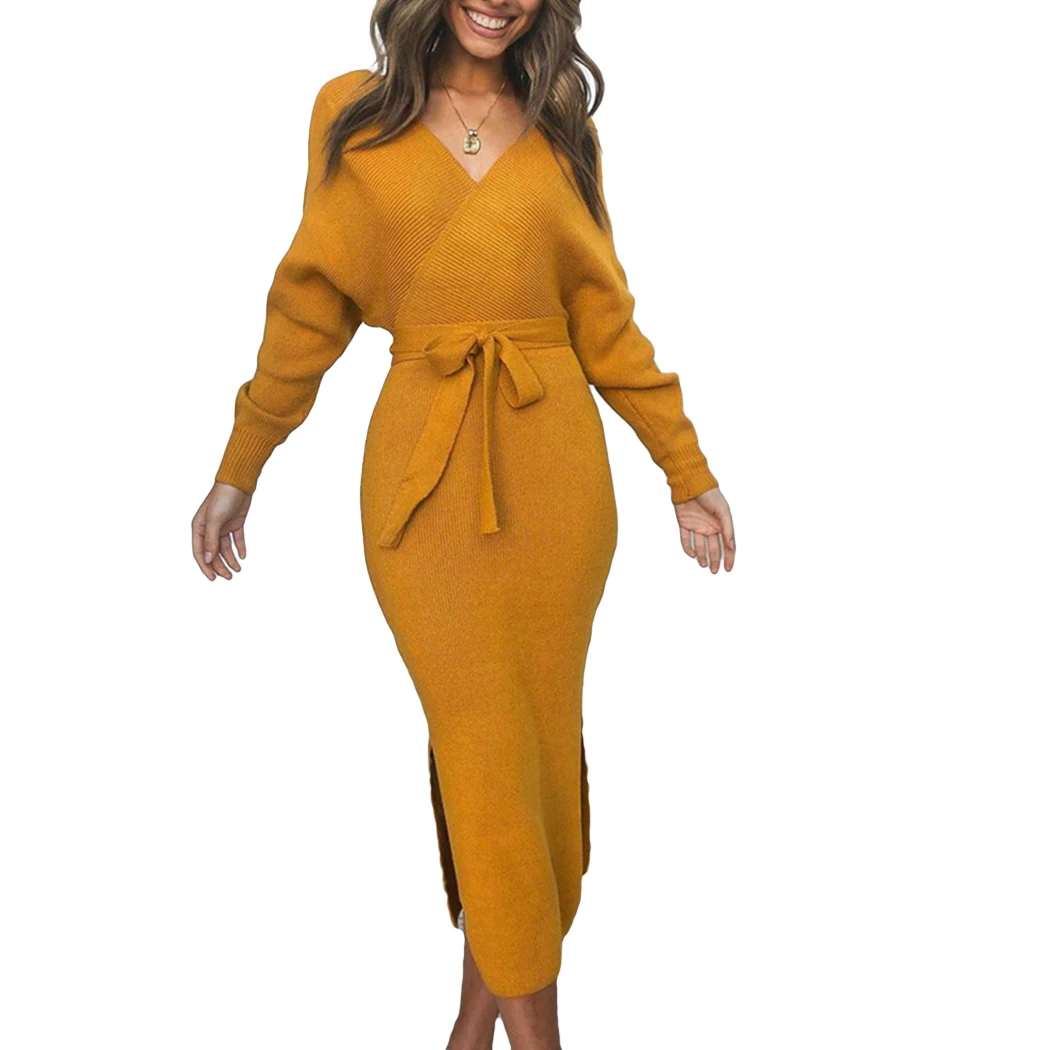 Элегантное офисное женское платье с длинным разрезом 2019 Новое модное v образным