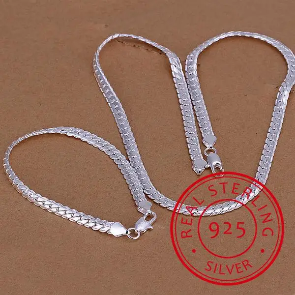 

Wholesale 925 Sterling Silver Necklace Bracelet Jewelry Set Cheap Bridal Party Sets Mens 6MM Sideway Fashion Silver Necklace